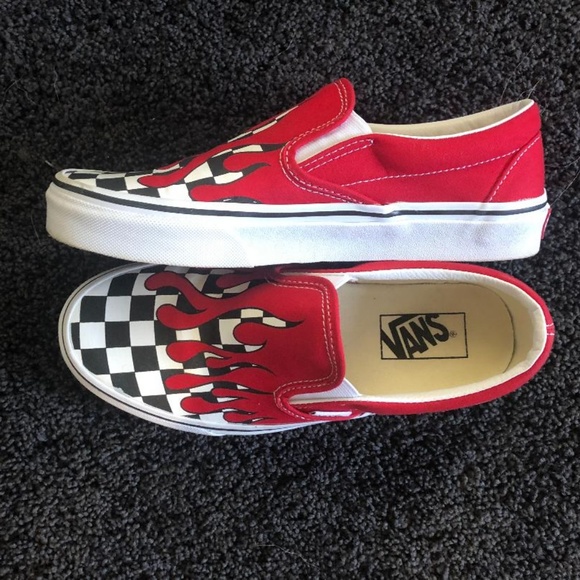 black and white checkered vans with red drip